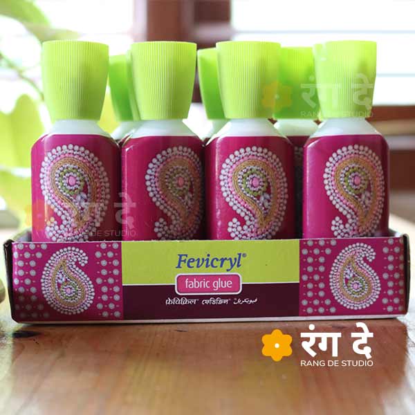 Buy Fevicryl Fabric Glue Online from Rang De Studio. For sticking beads, sequins, lace, ribbon, applique, foil, mirror-work, glitter dust, cords, and seams to the fabric.
